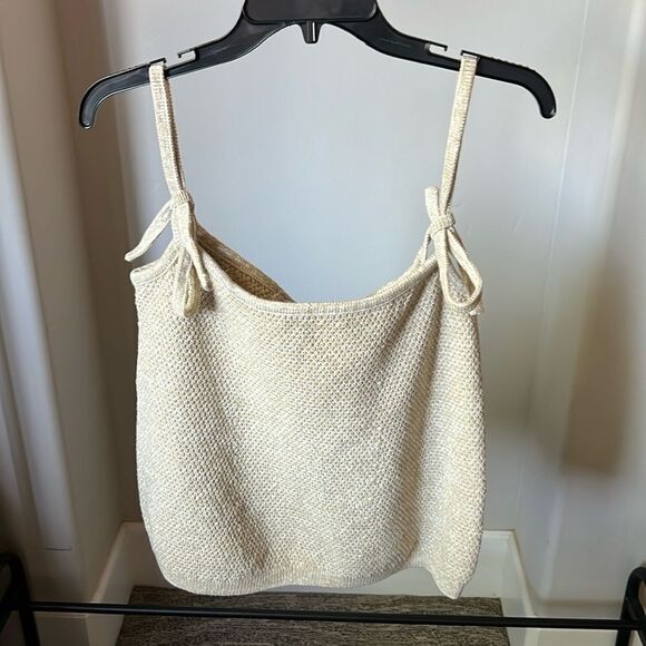 New Free People Beach Knit Spaghetti Strap TieTop Neutral Tan Large - Picture 1 of 4
